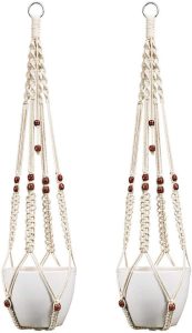 Mkono 2Pcs Macrame Plant Hanger Indoor Outdoor Hanging Planter Basket Cotton Rope With Beads 35 Inch