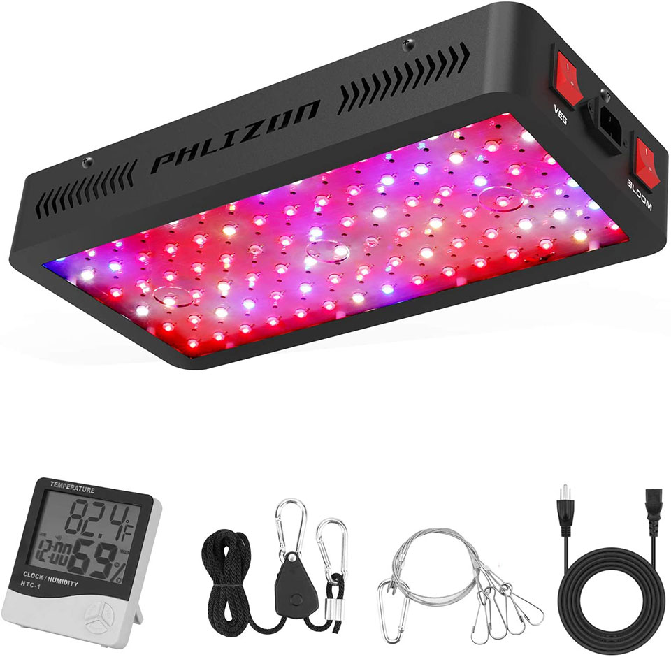 Phlizon 600W LED Plant Grow Light with Thermometer Humidity Monitor, Adjustable Rope, Full Spectrum Double Switch Plant Light for Indoor Plants, Vegetable & Flower