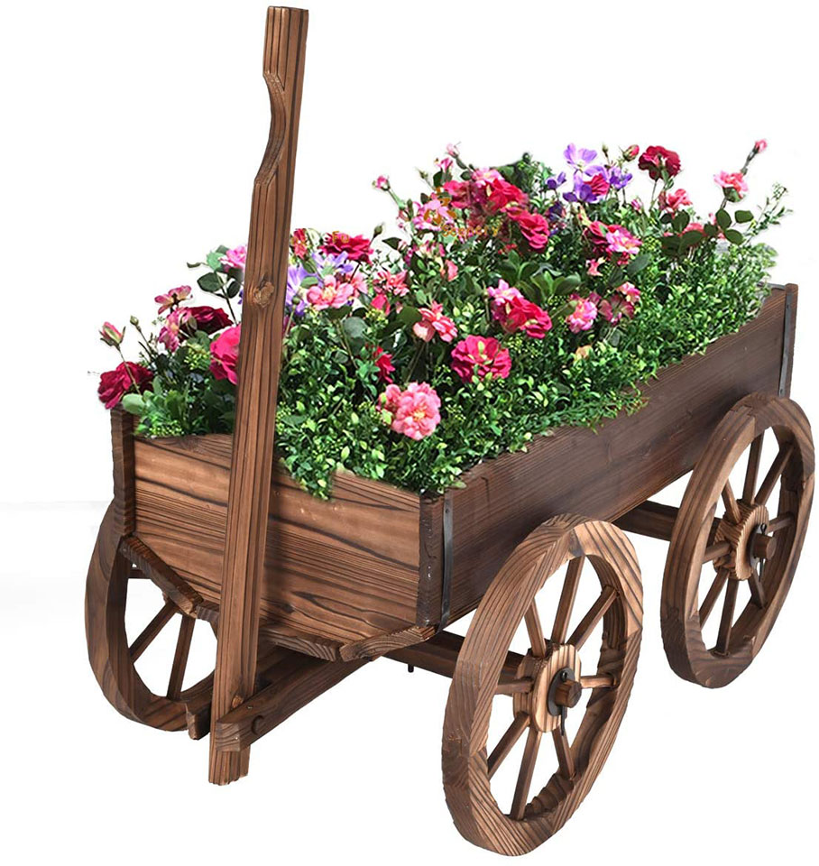 Giantex Wood Wagon Flower Planter Pot Stand W/Wheels Home Garden Outdoor Decor