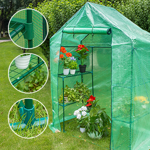 The greenhouse has 2 tiers and 4 shelves which can hold enough plants, gardening tools, etc. You just need to tie the cover to the frame so that the greenhouse will be sturdy and stable. 
