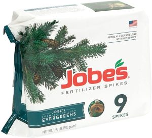 Jobe’s Evergreen Fertilizer Spikes 11-3-4 Time Release Fertilizer for Juniper, Spruce, Cypress & All Other Evergreen Trees, 9 Spikes per Package