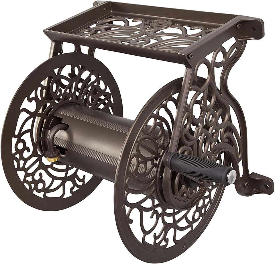 Liberty Garden Products Decorative Cast Aluminum Wall Mount Garden Hose Reel, Holds 125-Feet of 5/8-Inch Hose